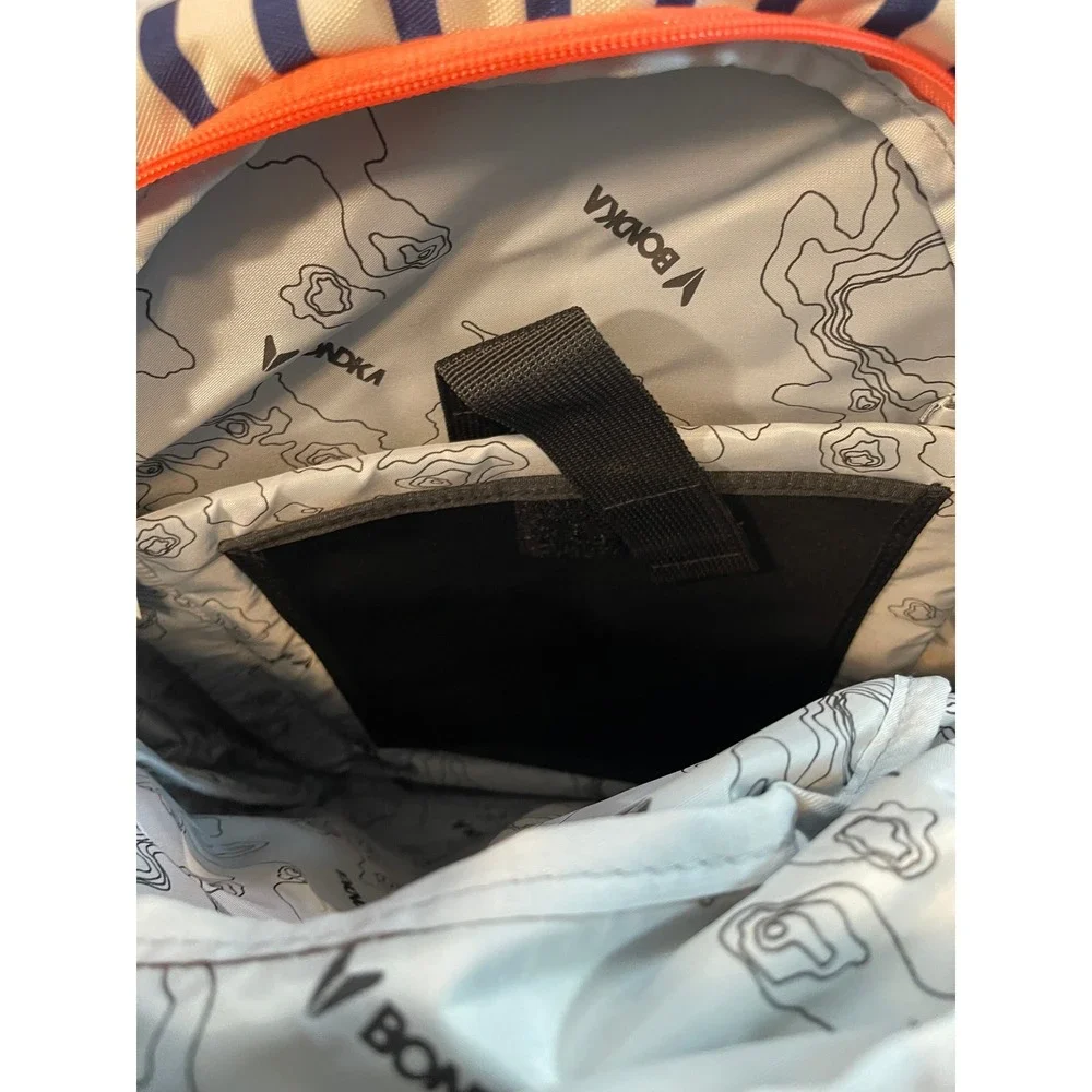 Bondka Supply Co Navy Blue Striped Backpack with Laptop Sleeve and Orange Zips